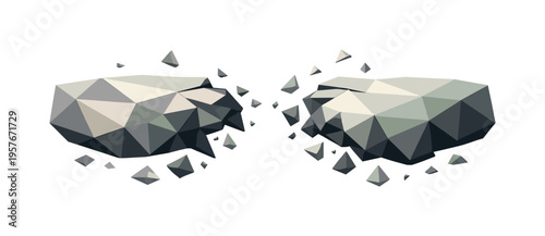 Low-poly vector illustration focused on stress crack break after the rupture, separated faceted fragments drifting apart with