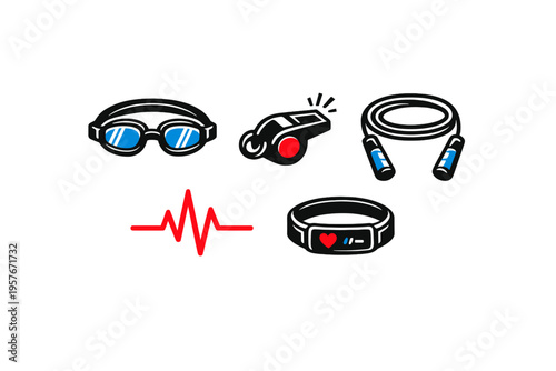 This illustration features sports and health icons like swimming