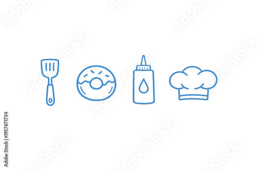 A collection of four simple blue outline icons featuring a kitchen
