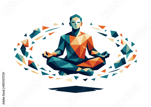 Low-poly vector illustration focused on calm meditation float during the levitation moment, angular meditating figure rising