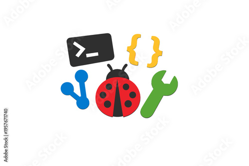 A flat illustration featuring a red ladybug surrounded by a command