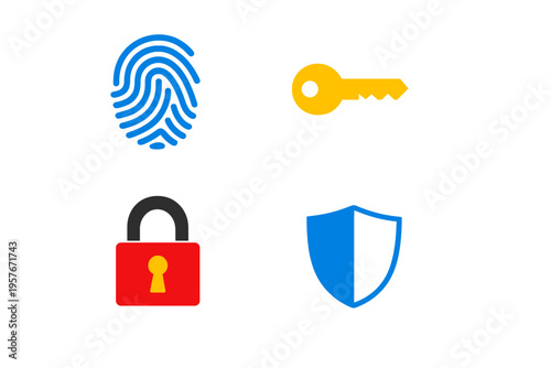Set of four colorful security icons including a blue fingerprint, a