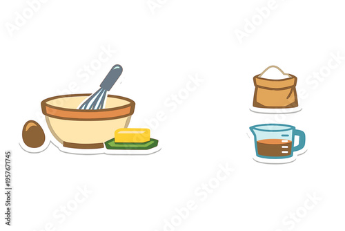 A minimalist illustration of baking ingredients and tools including a