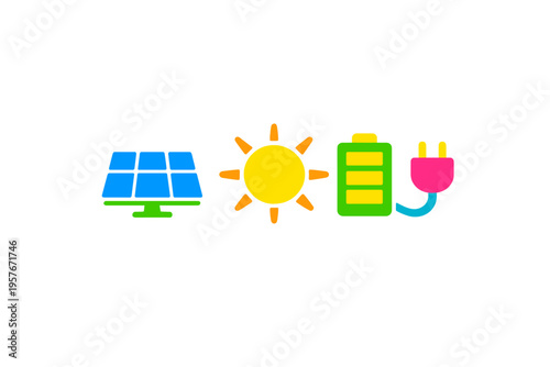 A colorful flat illustration featuring a solar panel icon, a bright