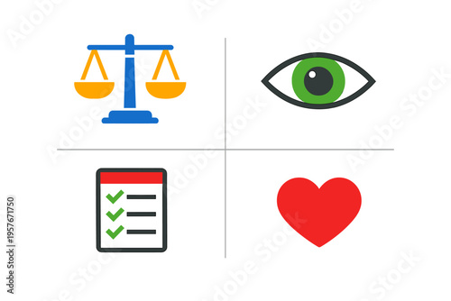 A flat vector illustration featuring four icons in a grid