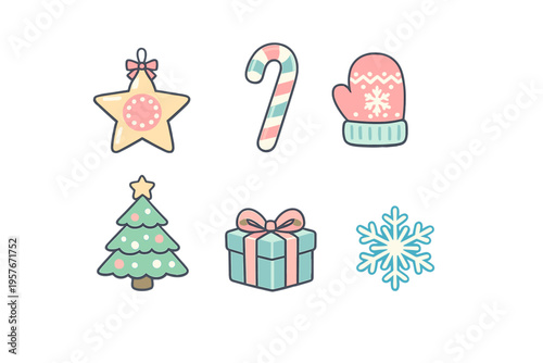 A set of six cute Christmas-themed vector icons in pastel colors