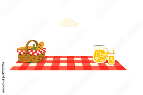 A minimalist illustration of a picnic setup featuring a red checkered
