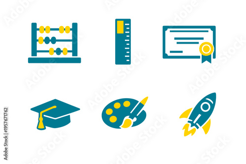 A collection of six minimalist education and creativity icons