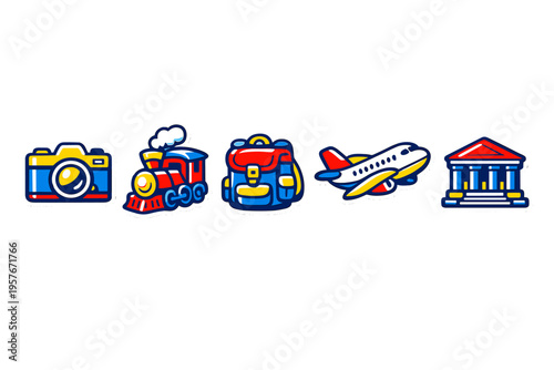 A set of five colorful travel-themed stickers featuring a camera, a