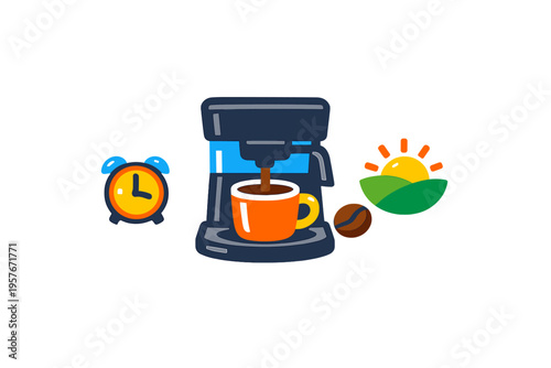 A colorful flat vector illustration featuring a coffee maker brewing