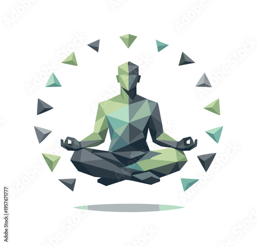 Low-poly vector illustration focused on calm meditation float after reaching stable balance, faceted meditating figure hovering