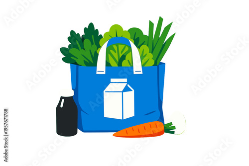 A flat illustration of a blue reusable grocery bag filled with fresh