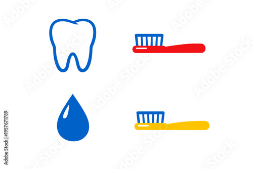 A set of dental care icons featuring a blue outlined tooth, a blue
