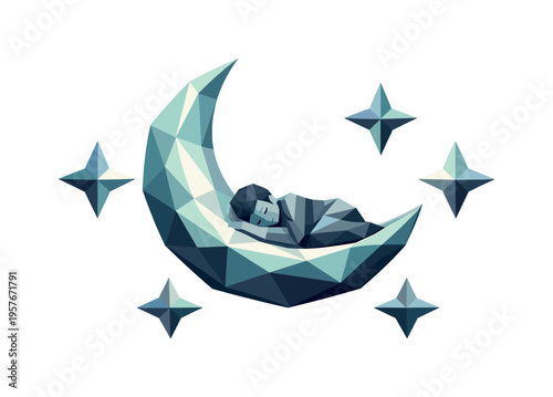 Low-poly vector illustration focused on sleep moon drift after reaching calm equilibrium, geometric crescent moon floating