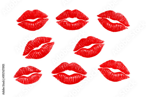 Set of eight red lipstick kiss marks with realistic texture isolated
