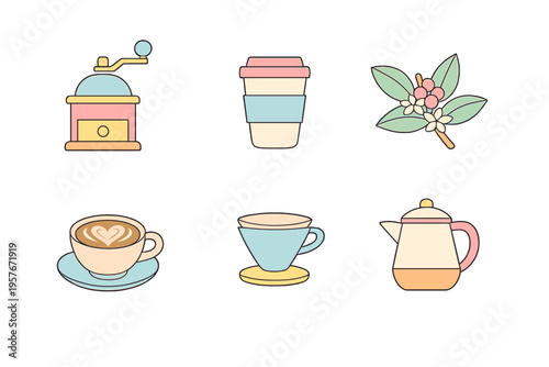 Collection of minimalist coffee icons including a manual grinder