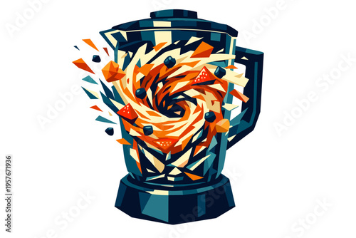 Low-poly vector illustration focused on smoothie blend whirl during intense blending action, faceted blender jar generating a