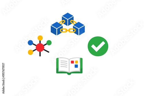 Colorful icons representing blockchain, networking, verification, and