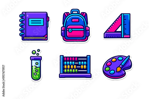 A set of six vibrant school supply icons designed as stickers
