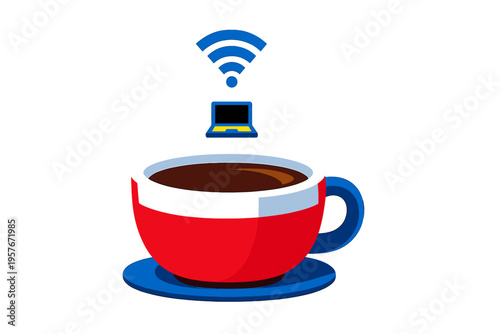 A flat vector illustration of a red coffee cup with a blue handle and