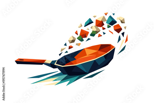 Low-poly vector illustration focused on cooking pan flip during the active flip motion, faceted pan launching angular food