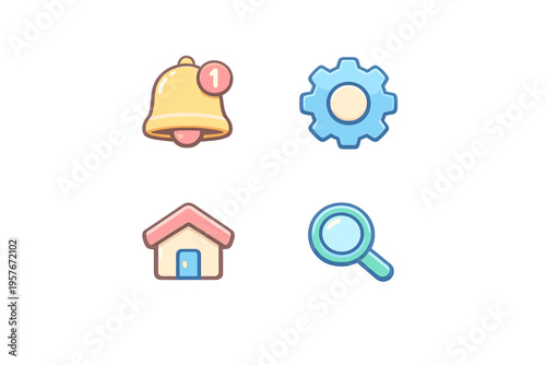A collection of four cute, stylized user interface icons featuring a