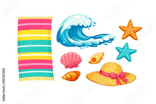 A collection of summer beach vacation icons including a striped