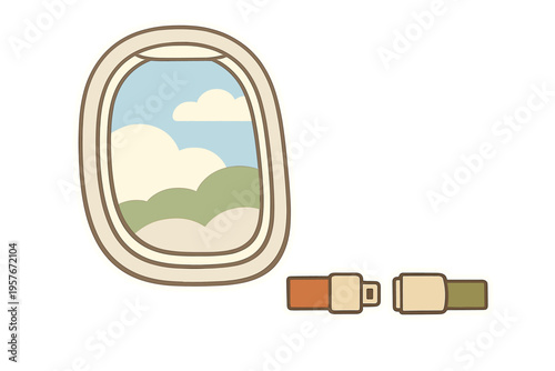 A minimalist flat illustration of an airplane window showing a view