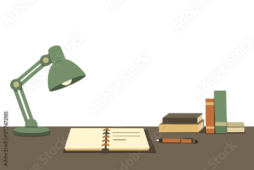 A minimalist illustration of a study desk featuring a green
