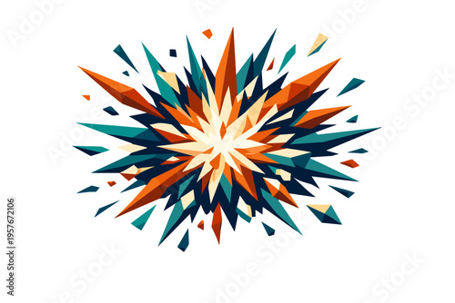 Geometric Fireworks Burst. Low-poly vector illustration focused on holiday fireworks pop during the explosive burst moment,