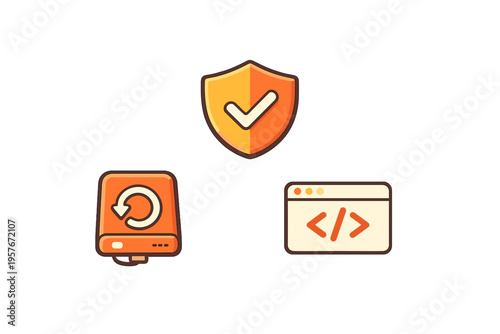 A set of three flat vector icons featuring an orange security shield