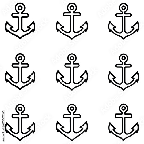 Set of nine nautical anchor icons in outline style representing maritime symbol for sailing sea navigation adventure and connection to ocean