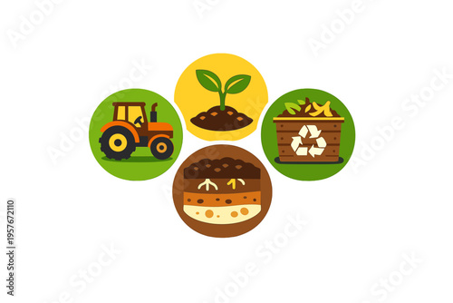 Collection of four agricultural icons including a tractor, a plant