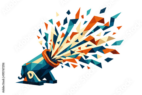 Low-poly vector illustration focused on confetti cannon blast during the explosive firing action, angular party cannon releasing