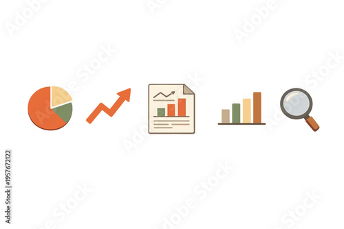 A set of flat business icons including a pie chart, an upward growth