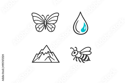 A collection of four minimalist line art icons representing nature