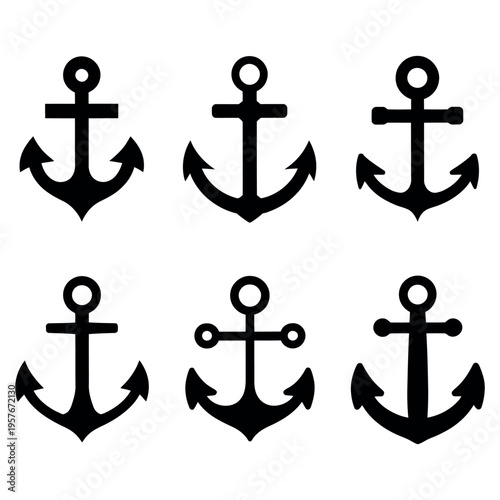 Set of six anchor icons in black silhouette, vector illustration of various nautical symbols for marine themes and seafaring designs