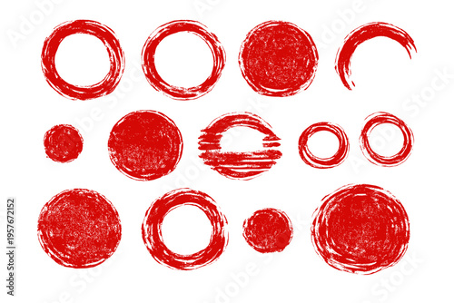 A collection of red hand-drawn circular brush strokes and textured