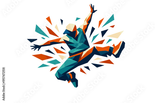Low-poly vector illustration focused on party dance jump during the explosive jump motion, faceted dancer springing upward with