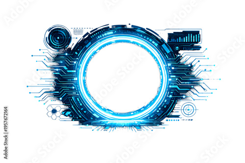 A futuristic glowing blue circular portal with intricate digital