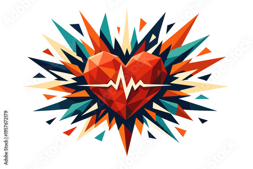 Low-poly vector illustration focused on love heart pulse during the energetic heartbeat moment, angular heart releasing explosive