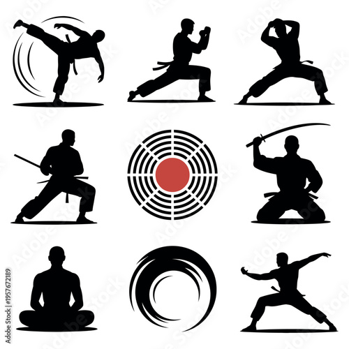 Silhouettes of martial arts and symbols including karate fighters in action stances meditation zen circle and samurai sword warrior for sports and culture concept