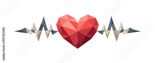 Low-poly vector illustration focused on love heart pulse after the rhythm stabilizes, geometric heart surrounded by evenly spaced
