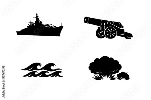A set of black silhouettes including a naval battleship, a heavy
