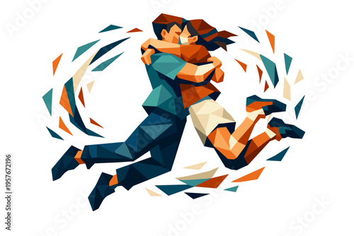 Low-poly vector illustration focused on friendship hug spin during the spinning embrace, faceted figures locked in a joyful hug