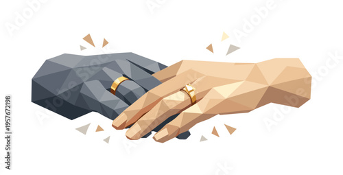 Geometric hands touch stone with gold rings