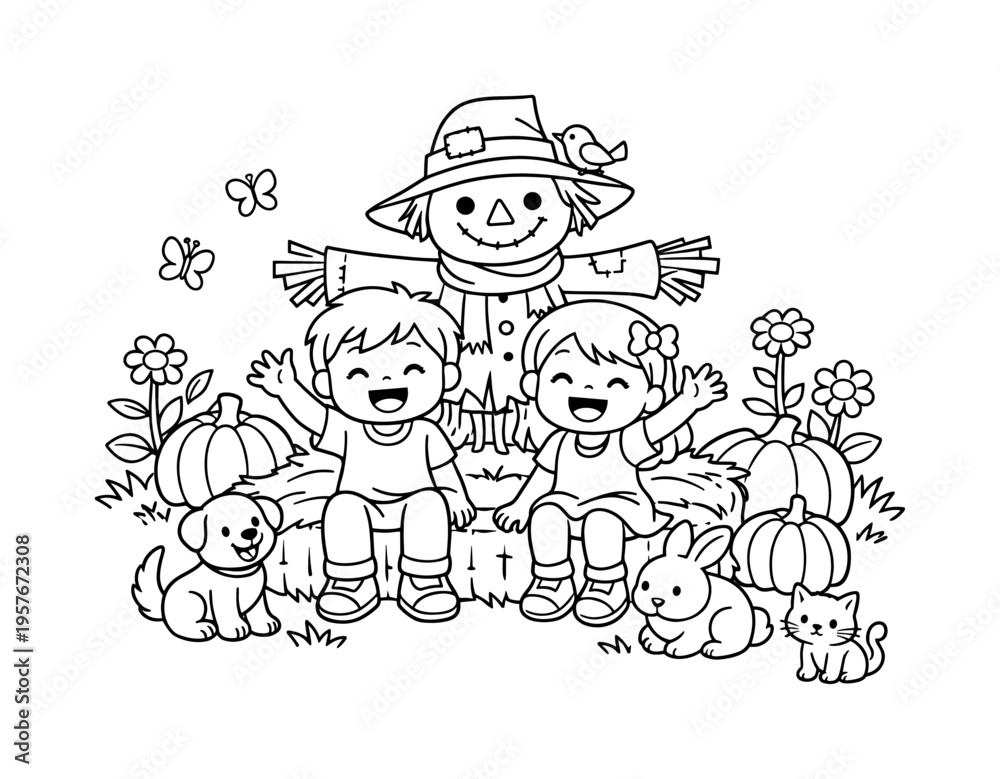 Fototapeta premium Scarecrow friend scene with kids laughing and waving, sitting near pumpkins and hay bales, friendly animals and flowers