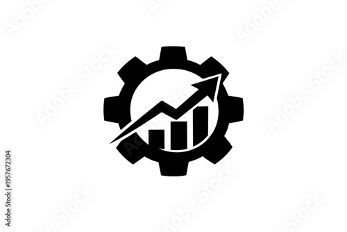This vector illustration features a black gear icon with an