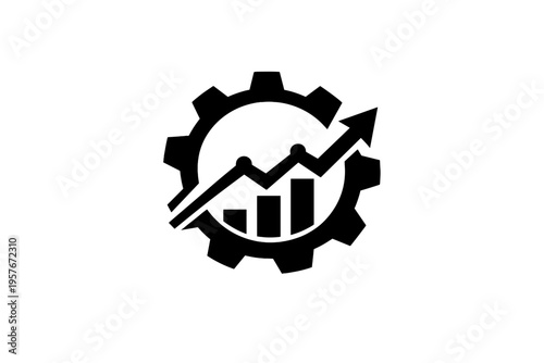 A black minimalist icon featuring a gear with an integrated bar chart