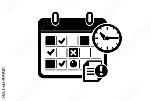 A black and white vector icon depicting a calendar with a clock, a